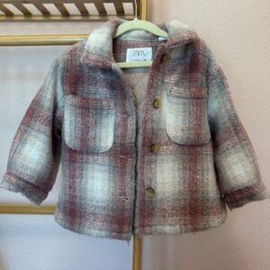 Zara Kids Red and Cream Plaid Pea Coat